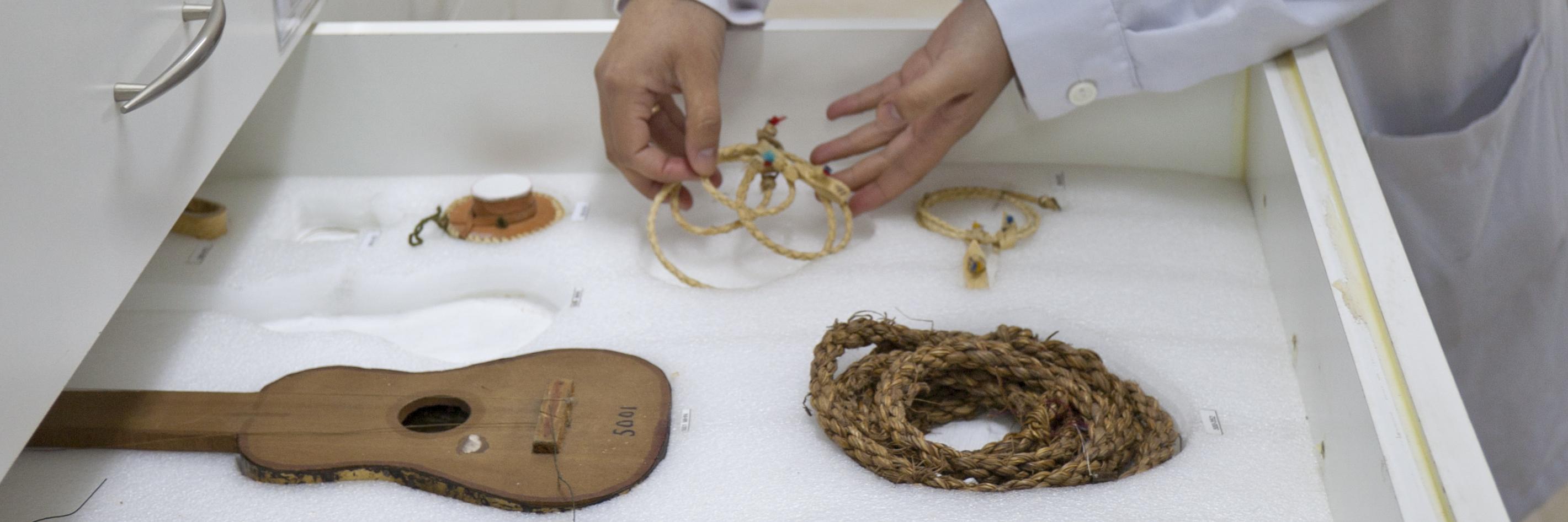 Manos disponen piezas de fibras naturales dentro de un cajón de conservación.