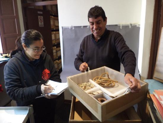 Guillermo Villar, junto a una arqueóloga revisando la colección del museo